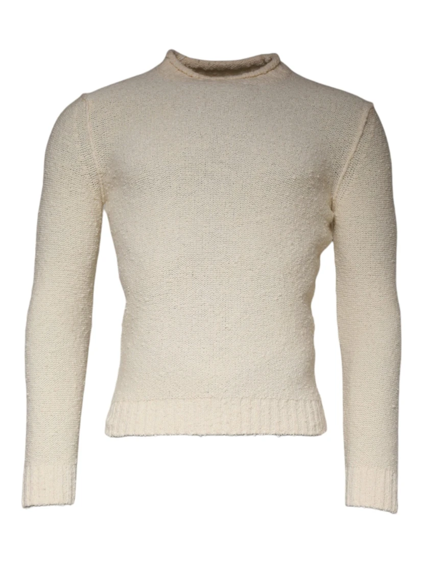 Beige Wool Knit Long Sleeve Round Neck Pullover Sweater