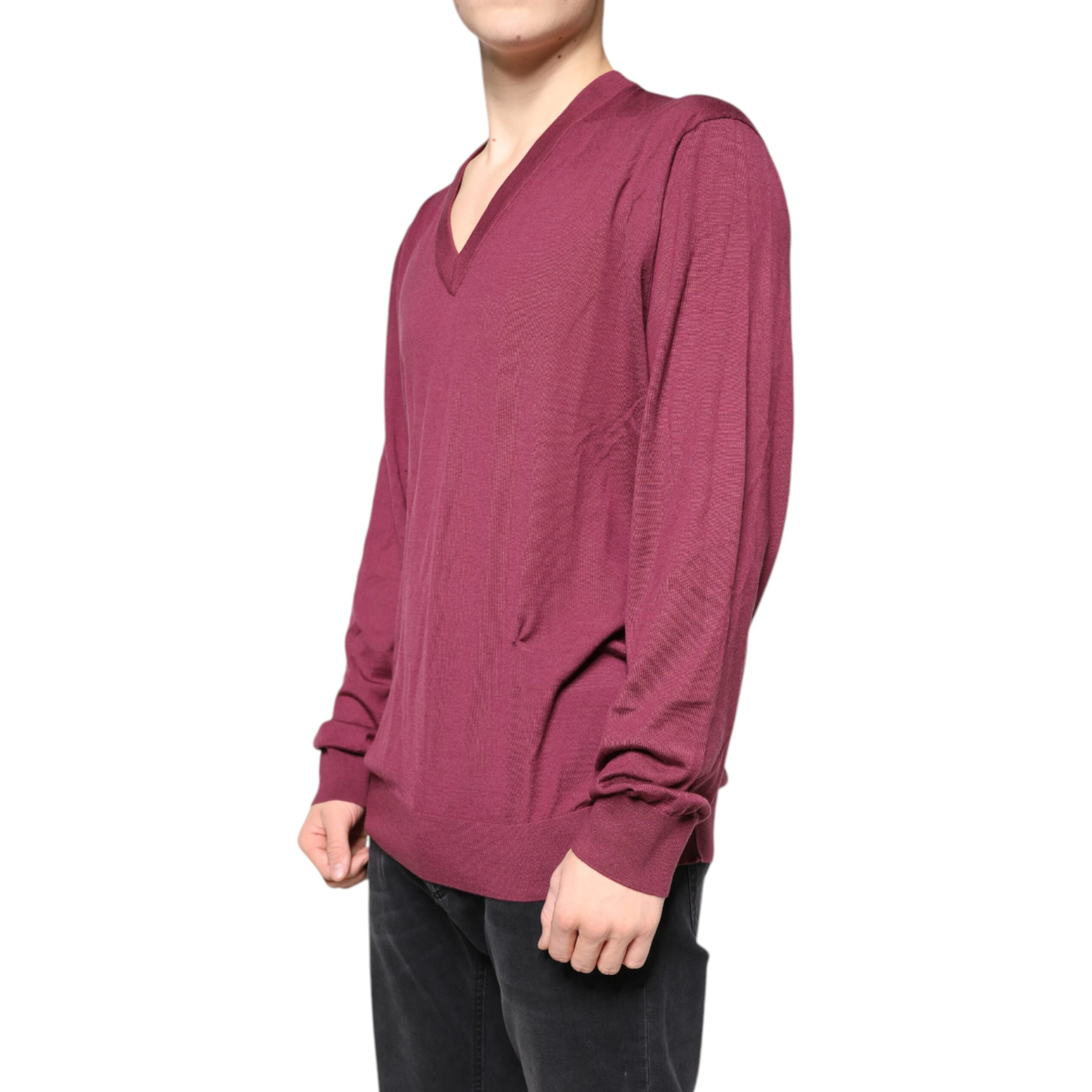 Maroon Cashmere V-neck Men Pullover Sweater