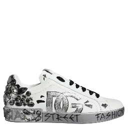 White Silver Crystal Logo Portofino Sneakers Shoes