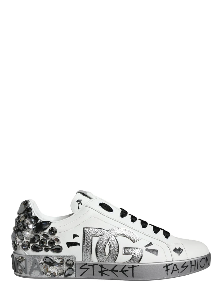 White Silver Crystal Logo Portofino Sneakers Shoes