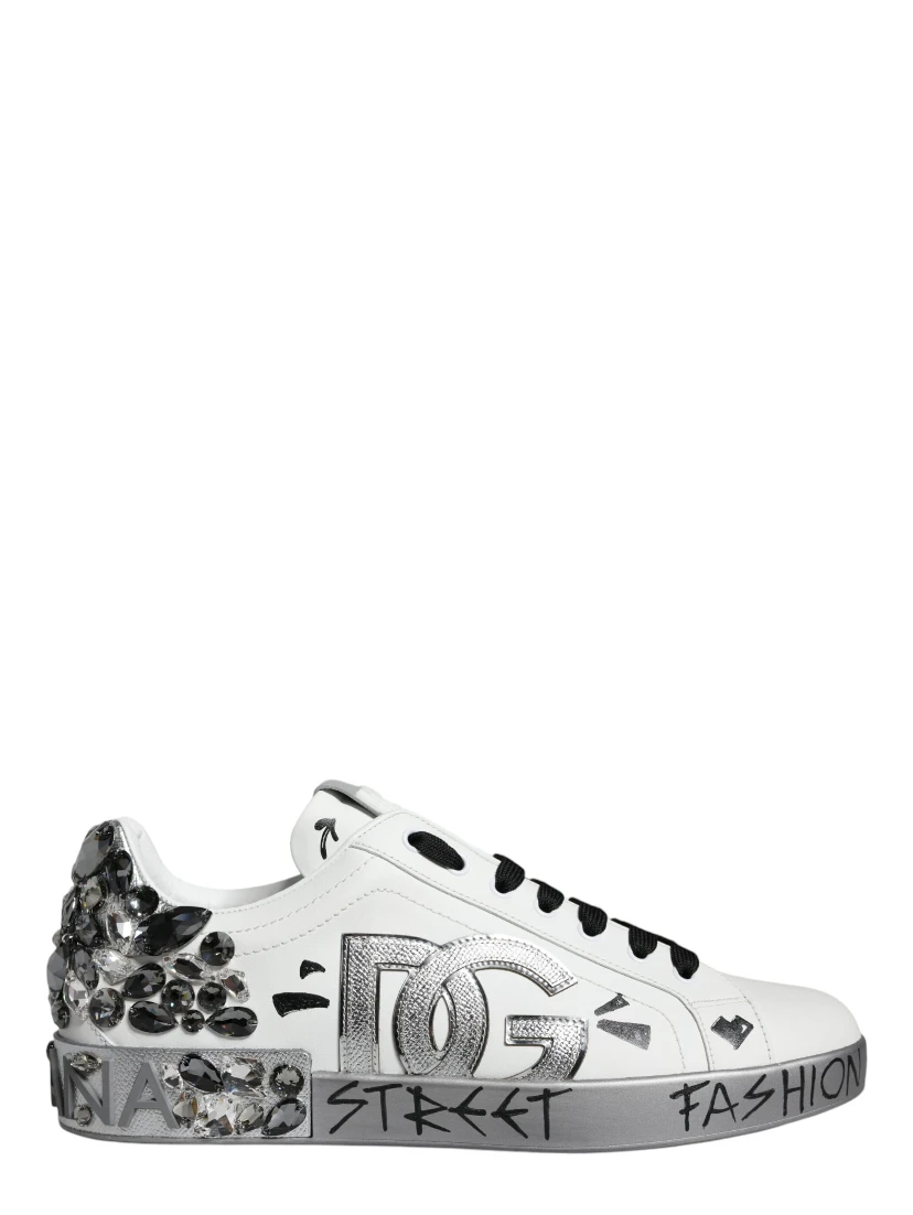 White Silver Crystal Logo Portofino Sneakers Shoes