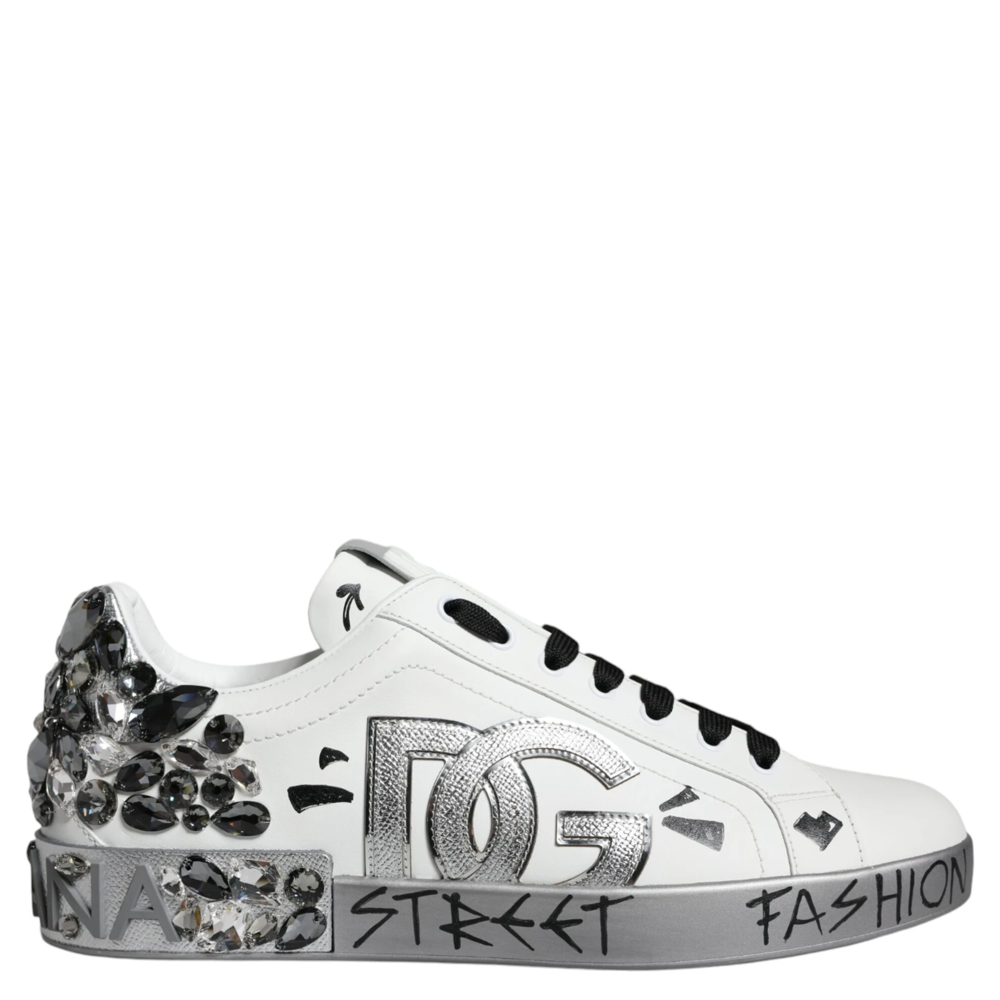White Silver Crystal Logo Portofino Sneakers Shoes