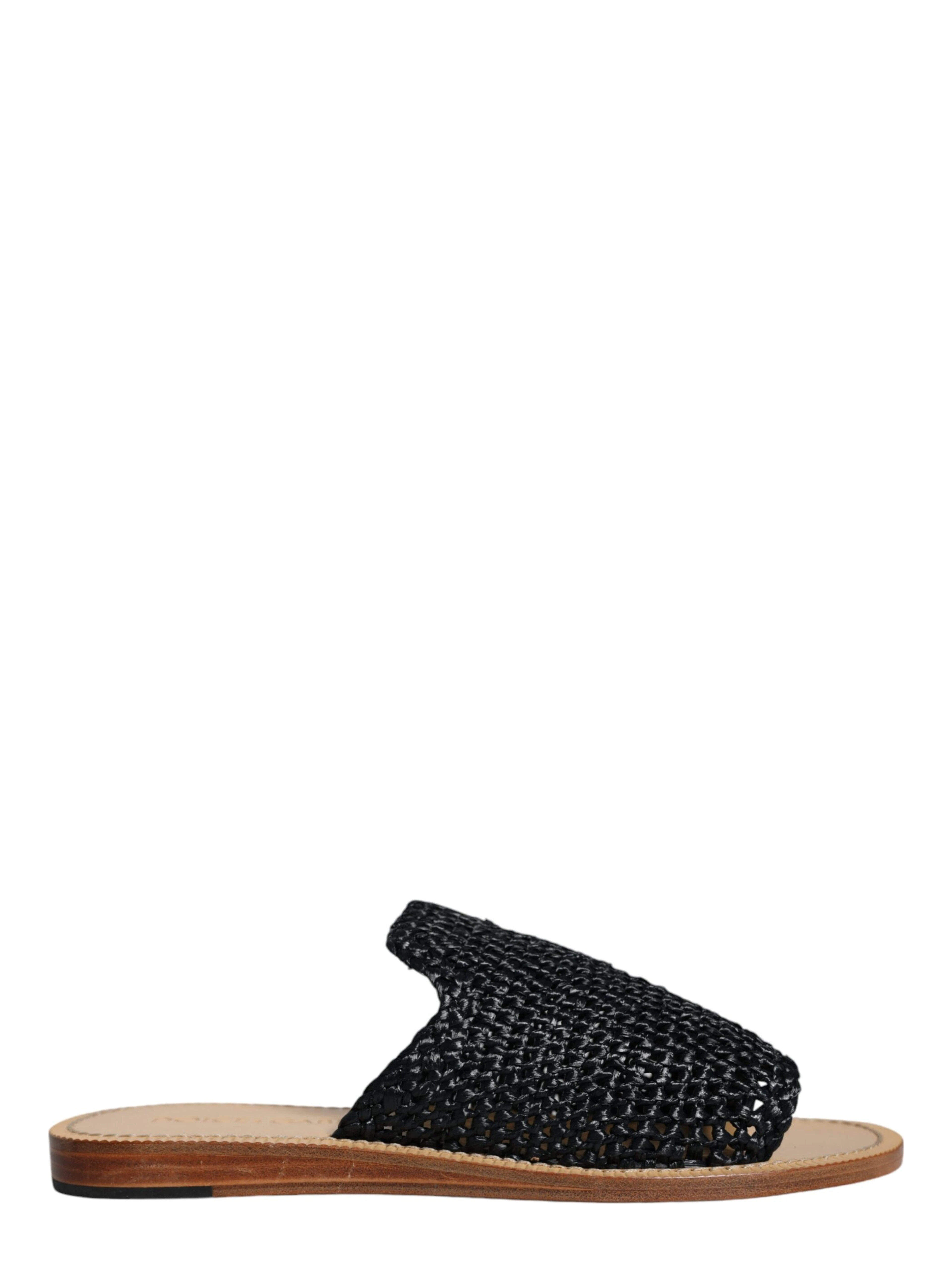 Black Monochrome Braided Raffia Slides Shoes