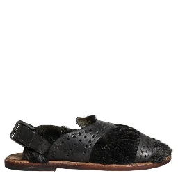 Black Gazelle Hair Leather Flats Sandals Shoes