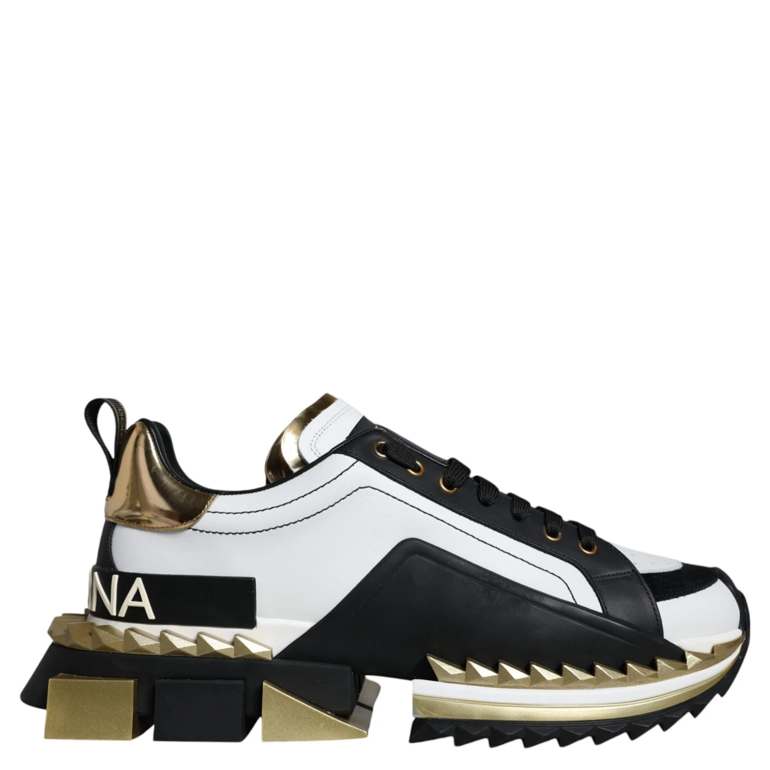 White Gold Black Leather SUPER KING Sneakers Shoes