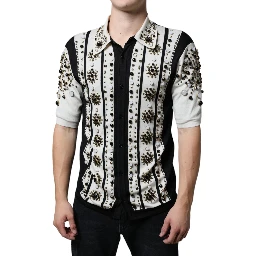 White Black Silk Studded Stone Crystal Shirt