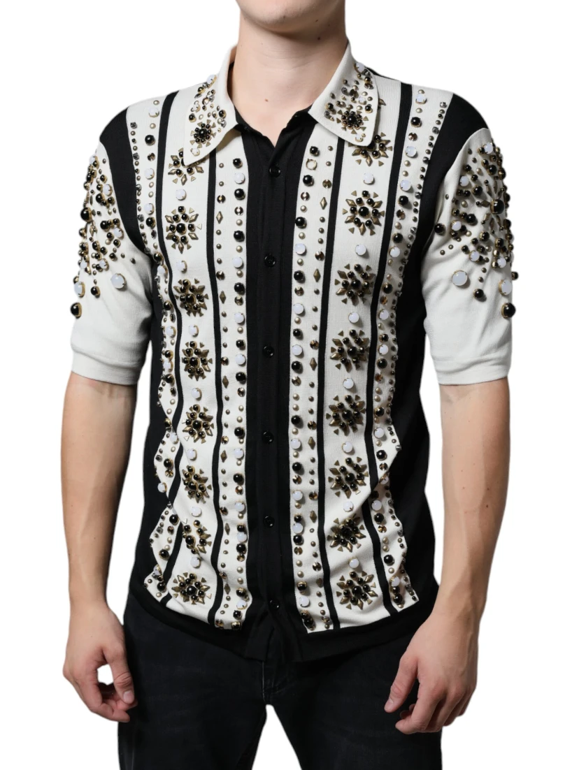 White Black Silk Studded Stone Crystal Shirt