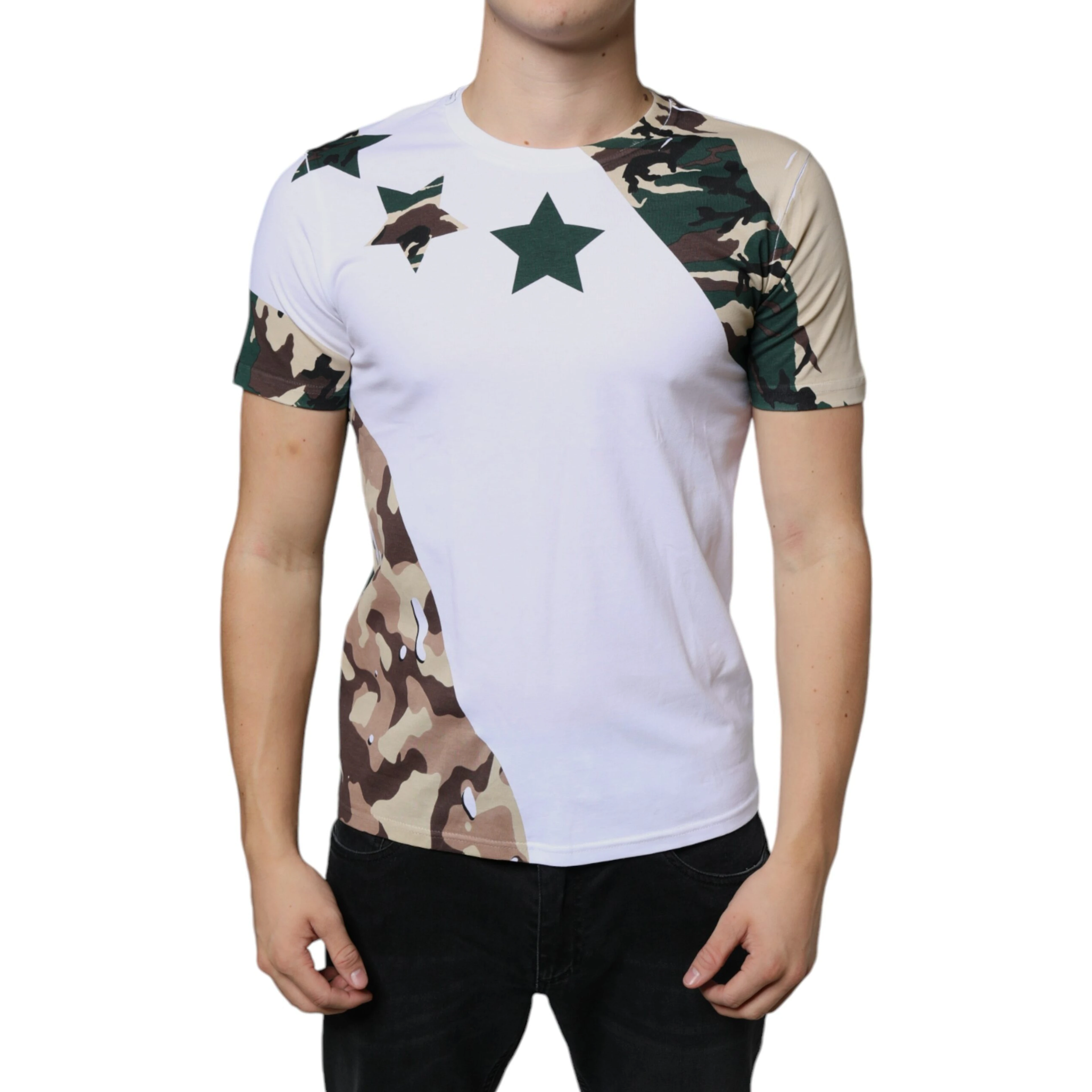 White Camouflage Stars Crew Neck T-shirt