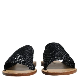 Black Monochrome Braided Raffia Slides Shoes