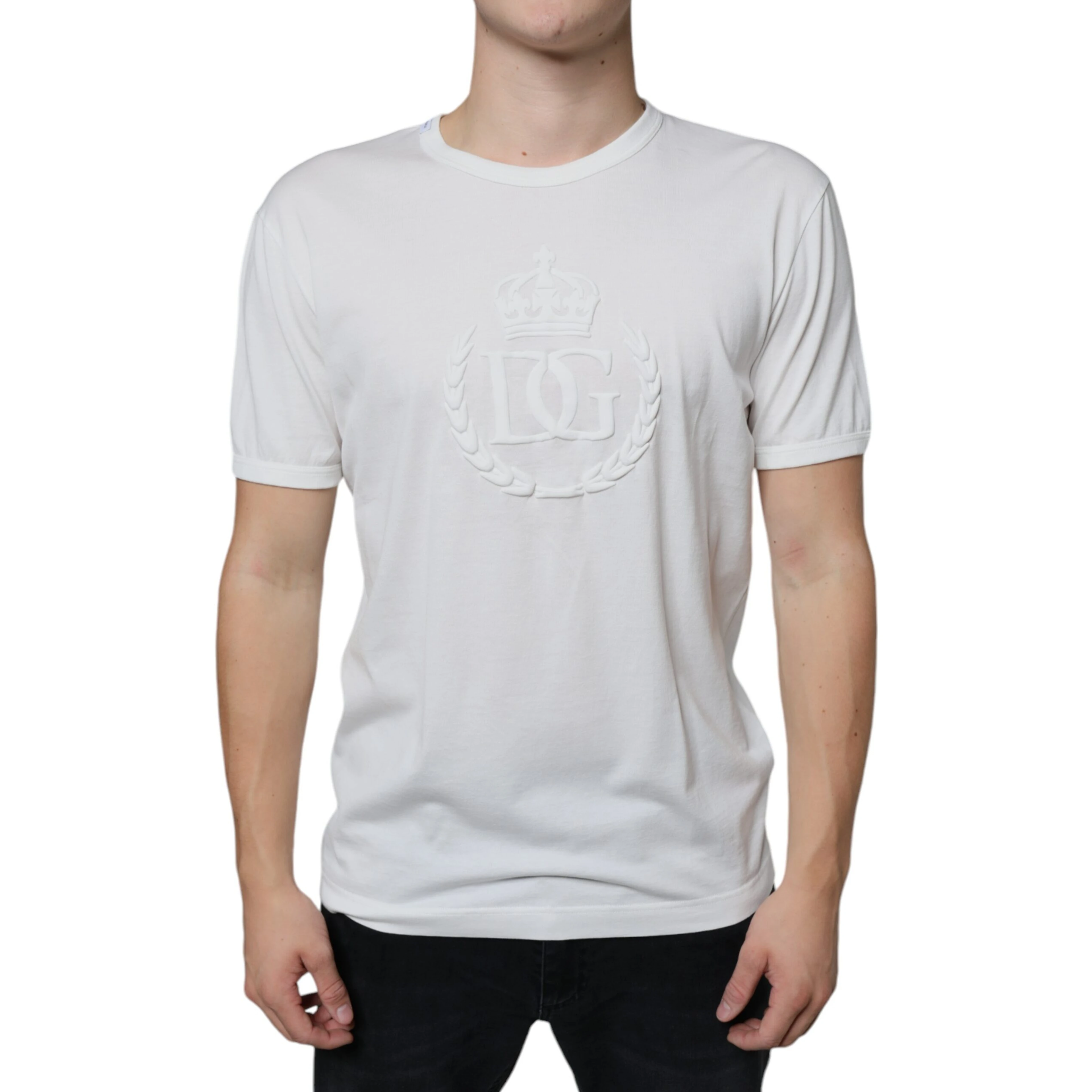 White Logo Embossed Cotton Crewneck T-shirt