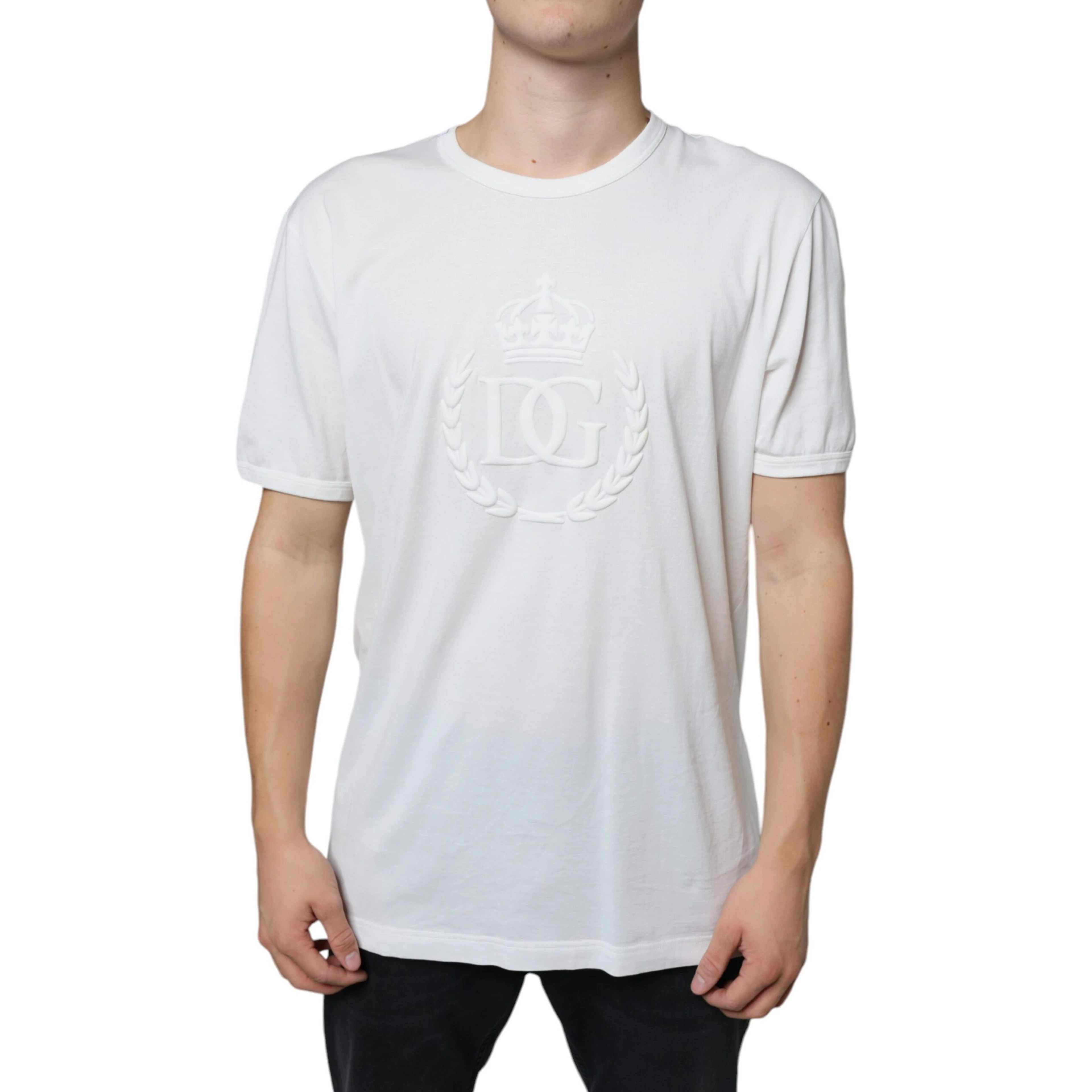 White Logo Embossed Cotton Crewneck T-shirt