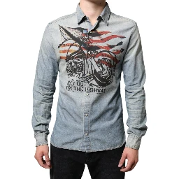 Light Blue Printed Cotton Denim Long Sleeves Shirt