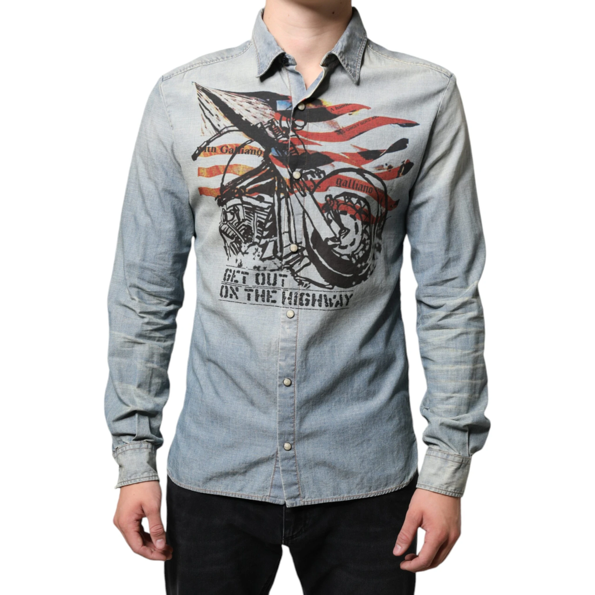 Light Blue Printed Cotton Denim Long Sleeves Shirt