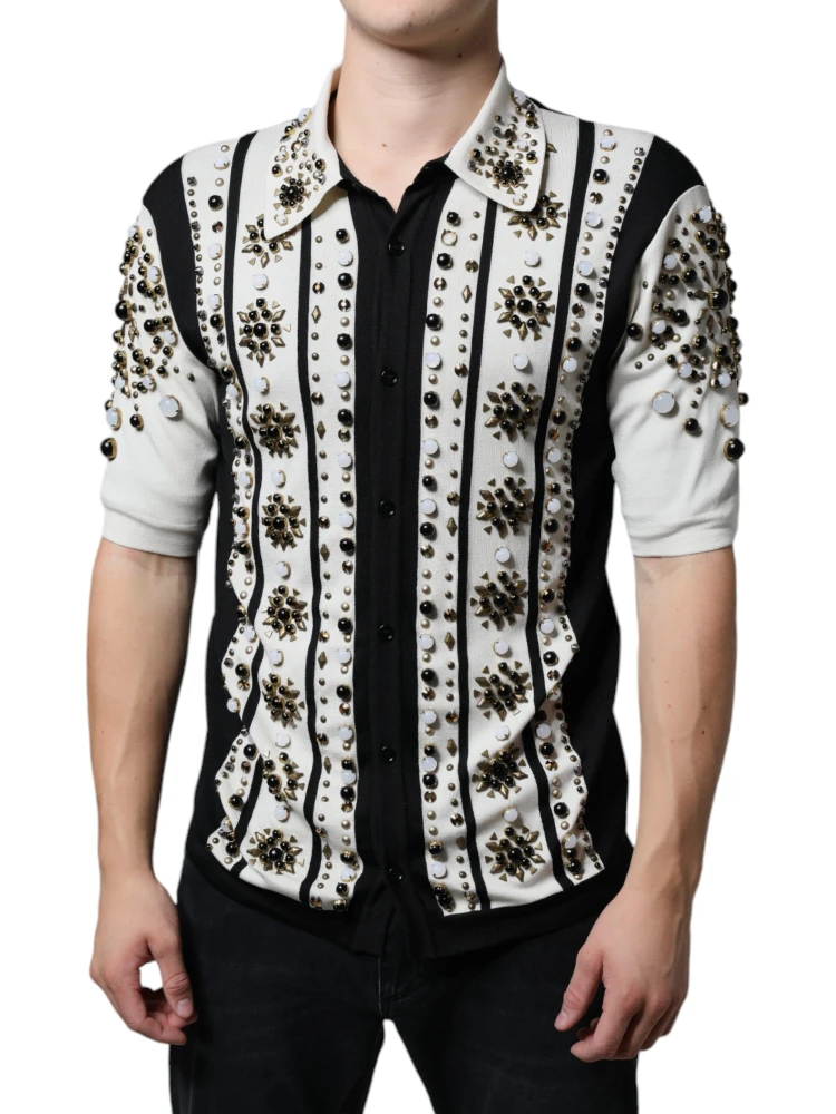 White Black Silk Studded Stone Crystal Shirt alternative