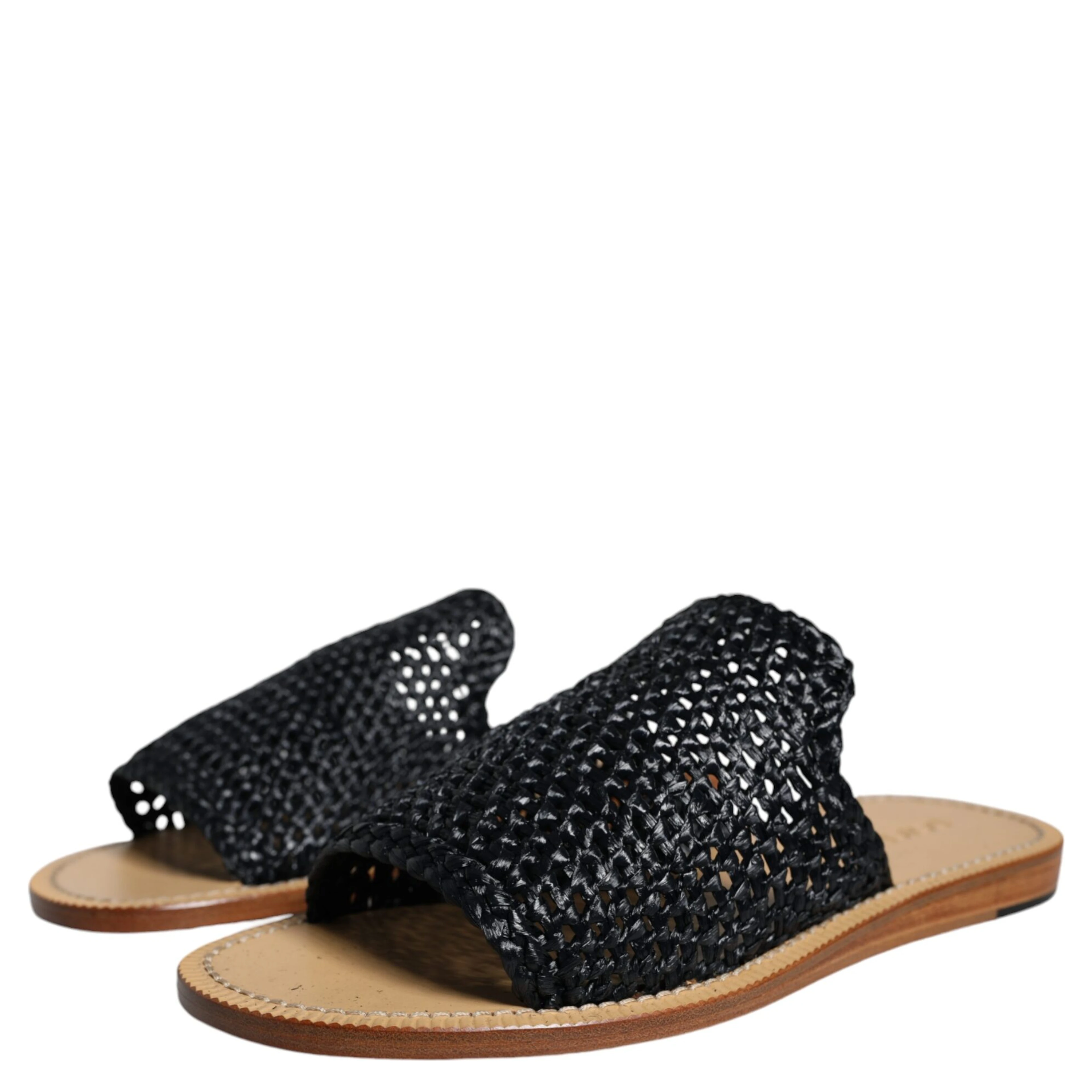 Black Monochrome Braided Raffia Slides Shoes