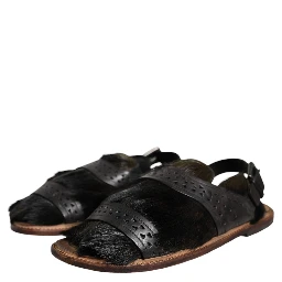 Black Gazelle Hair Leather Flats Sandals Shoes