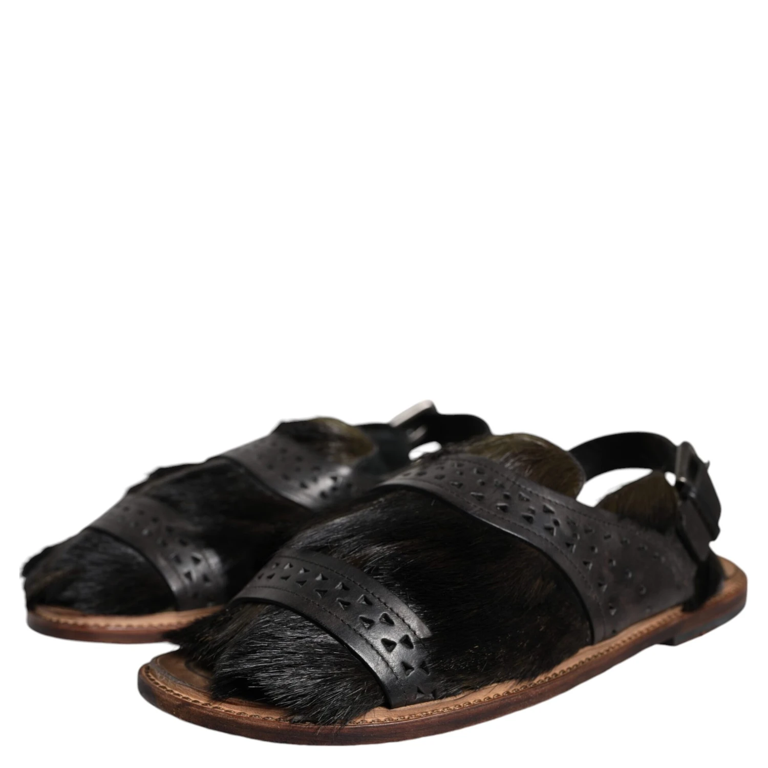 Black Gazelle Hair Leather Flats Sandals Shoes