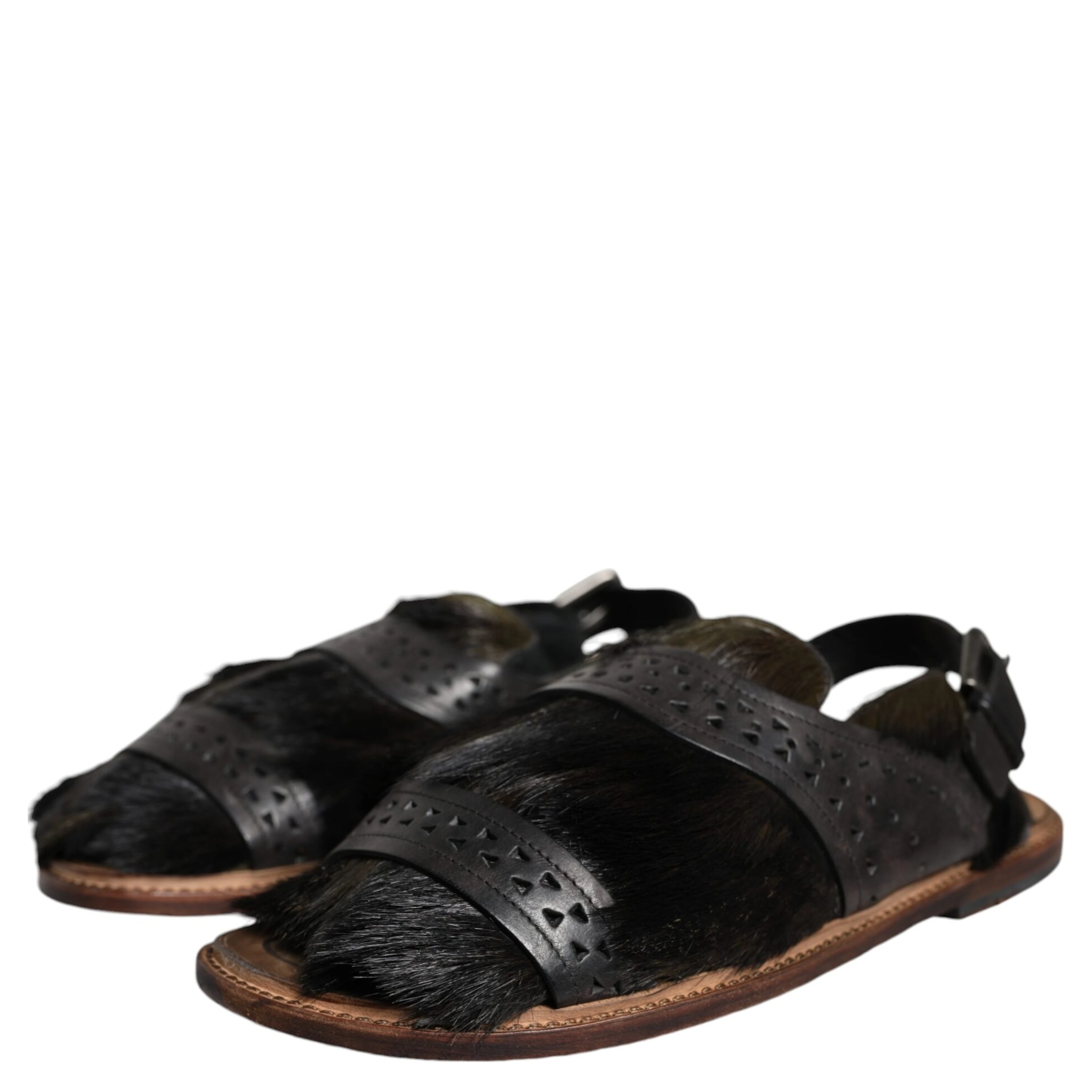 Black Gazelle Hair Leather Flats Sandals Shoes
