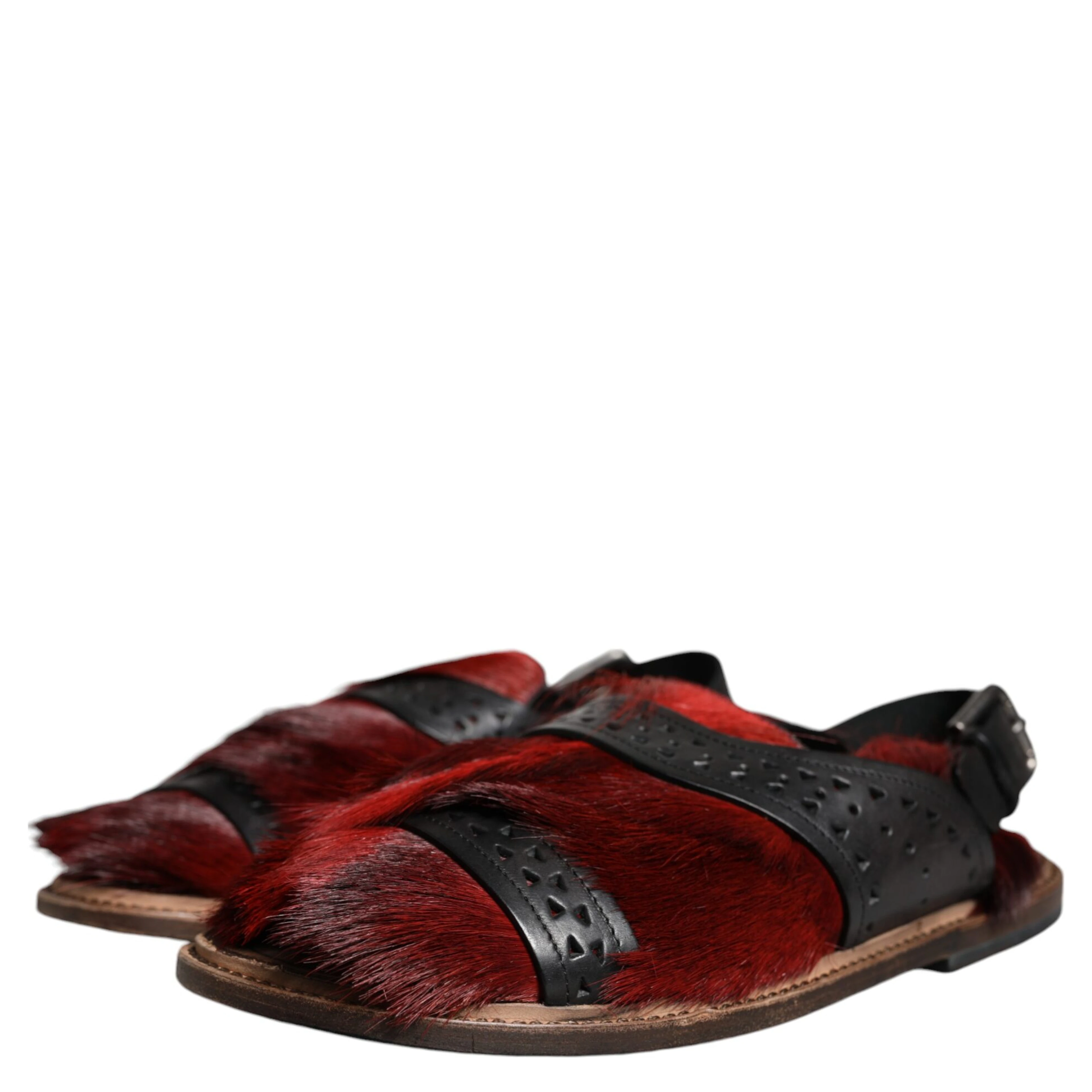 Black Red Gazelle Hair Leather Sandals Shoes
