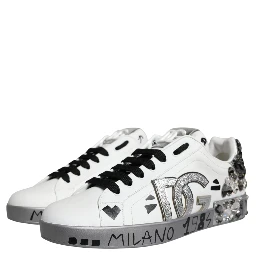 White Silver Crystal Logo Portofino Sneakers Shoes