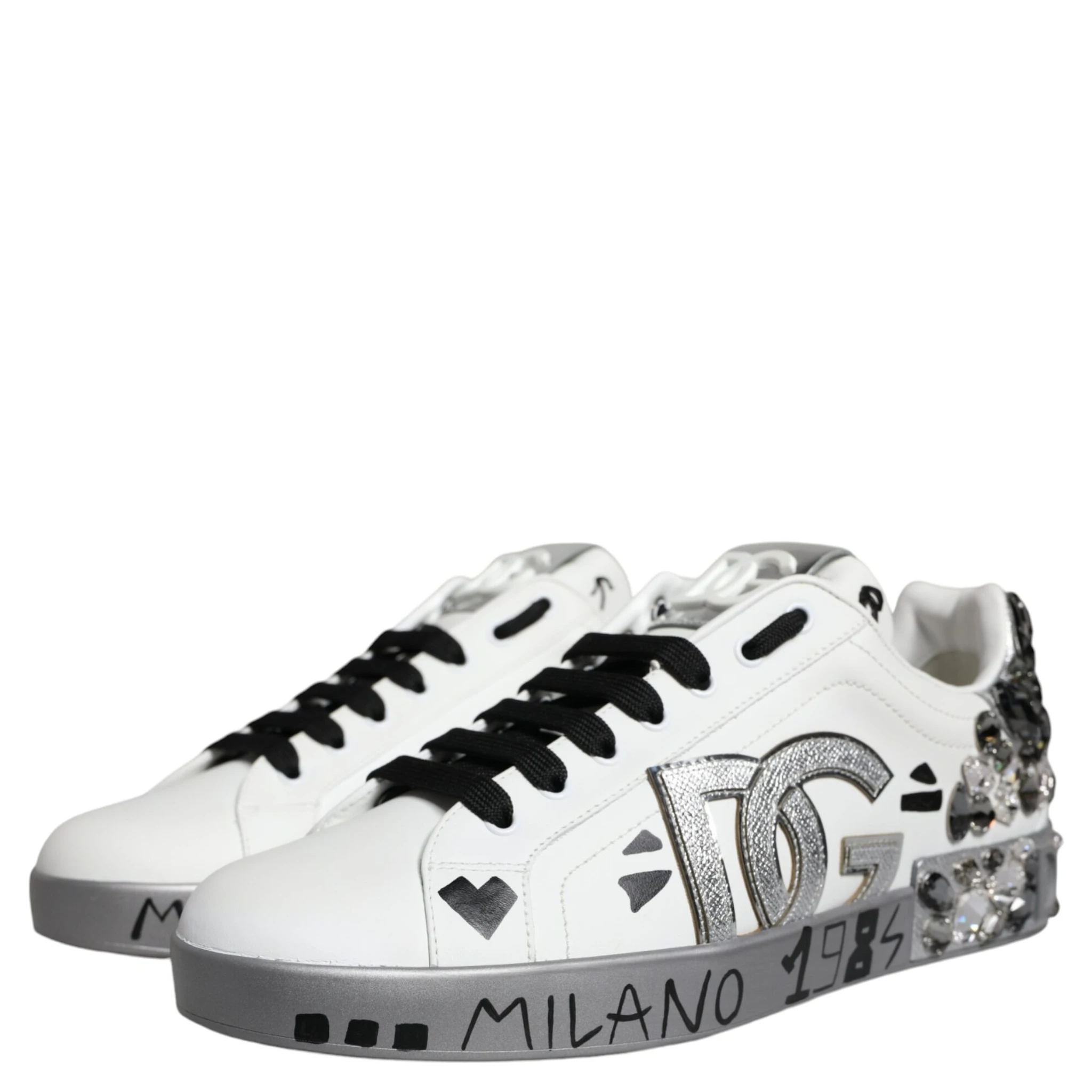 White Silver Crystal Logo Portofino Sneakers Shoes
