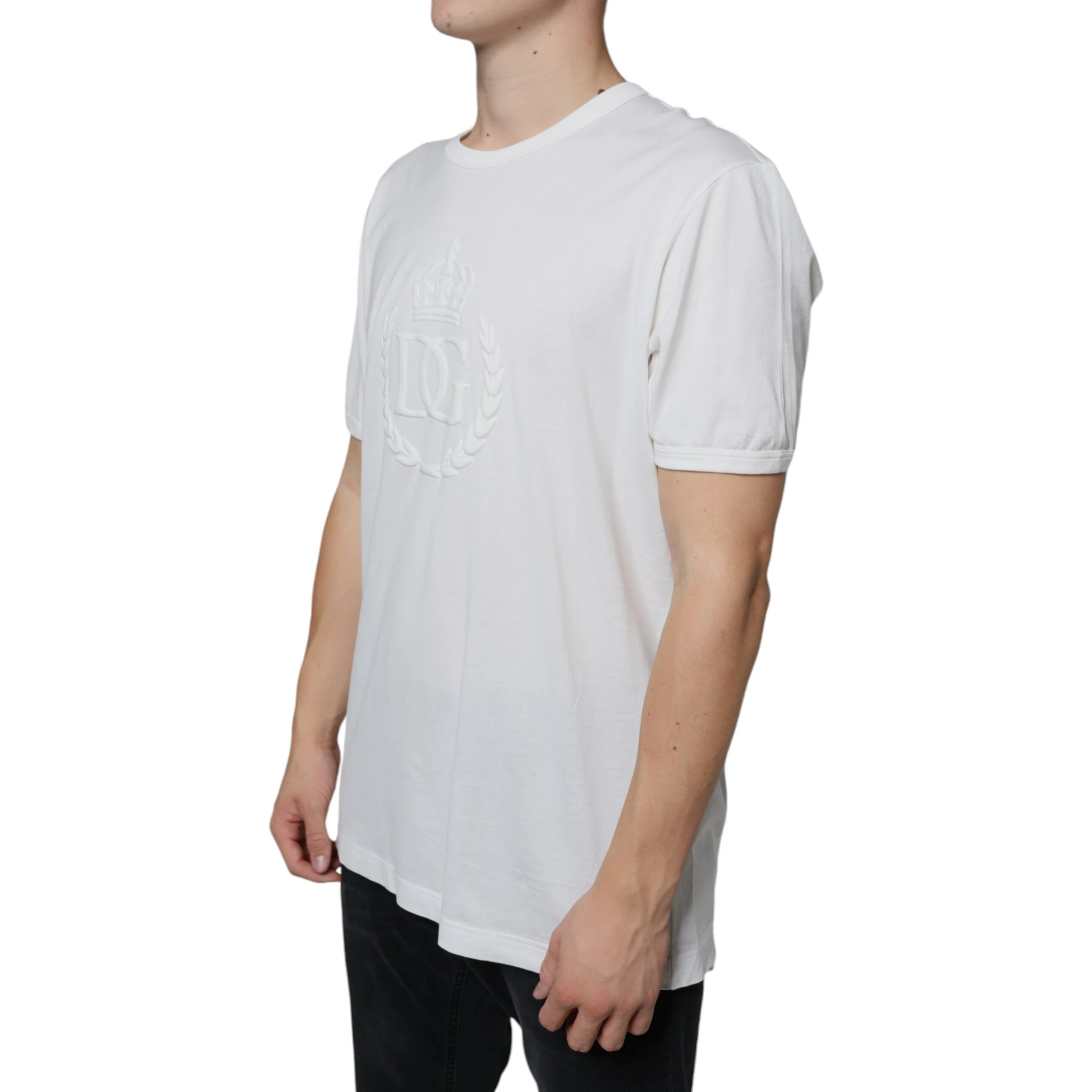 White Logo Embossed Cotton Crewneck T-shirt