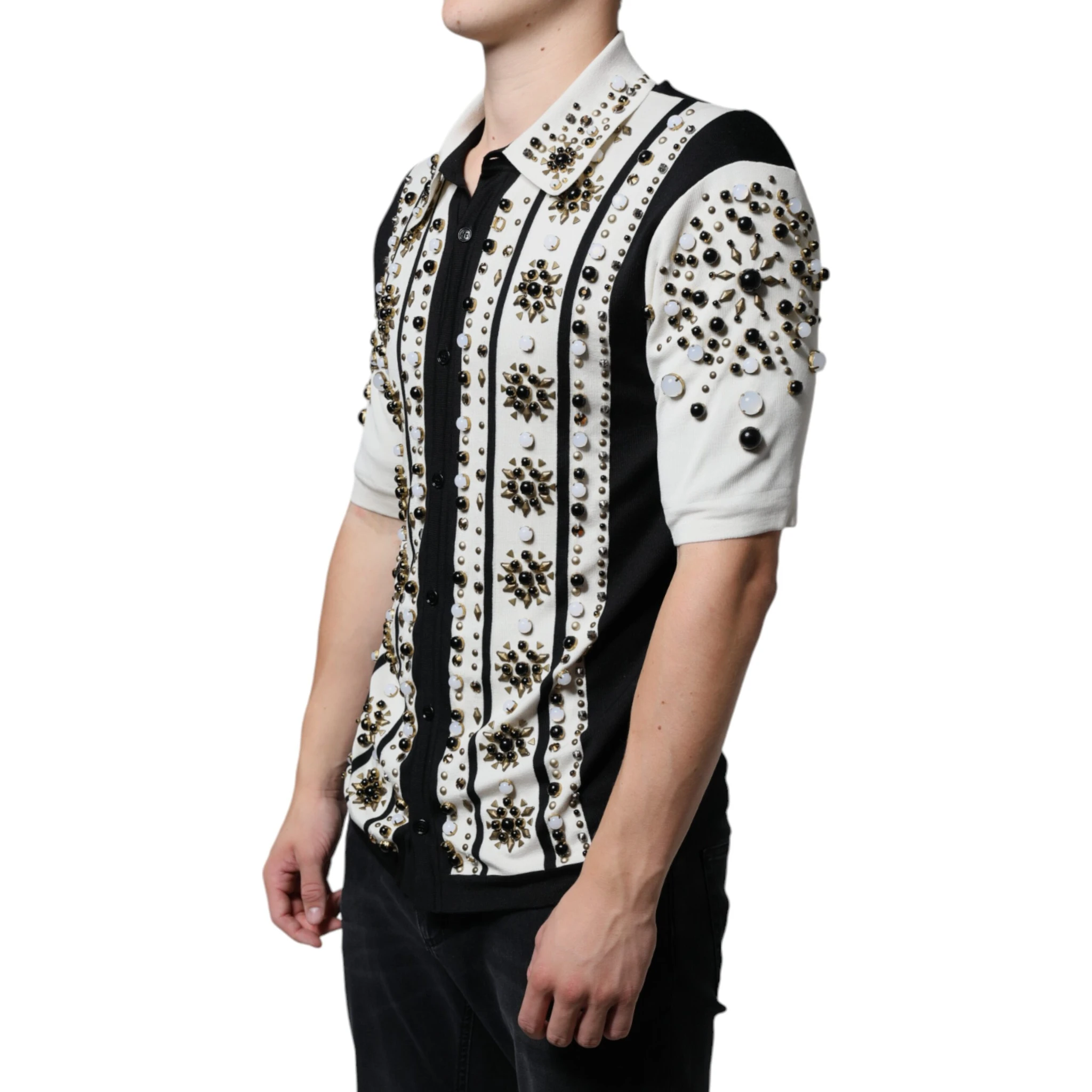 White Black Silk Studded Stone Crystal Shirt