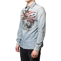 Light Blue Printed Cotton Denim Long Sleeves Shirt
