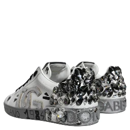 White Silver Crystal Logo Portofino Sneakers Shoes