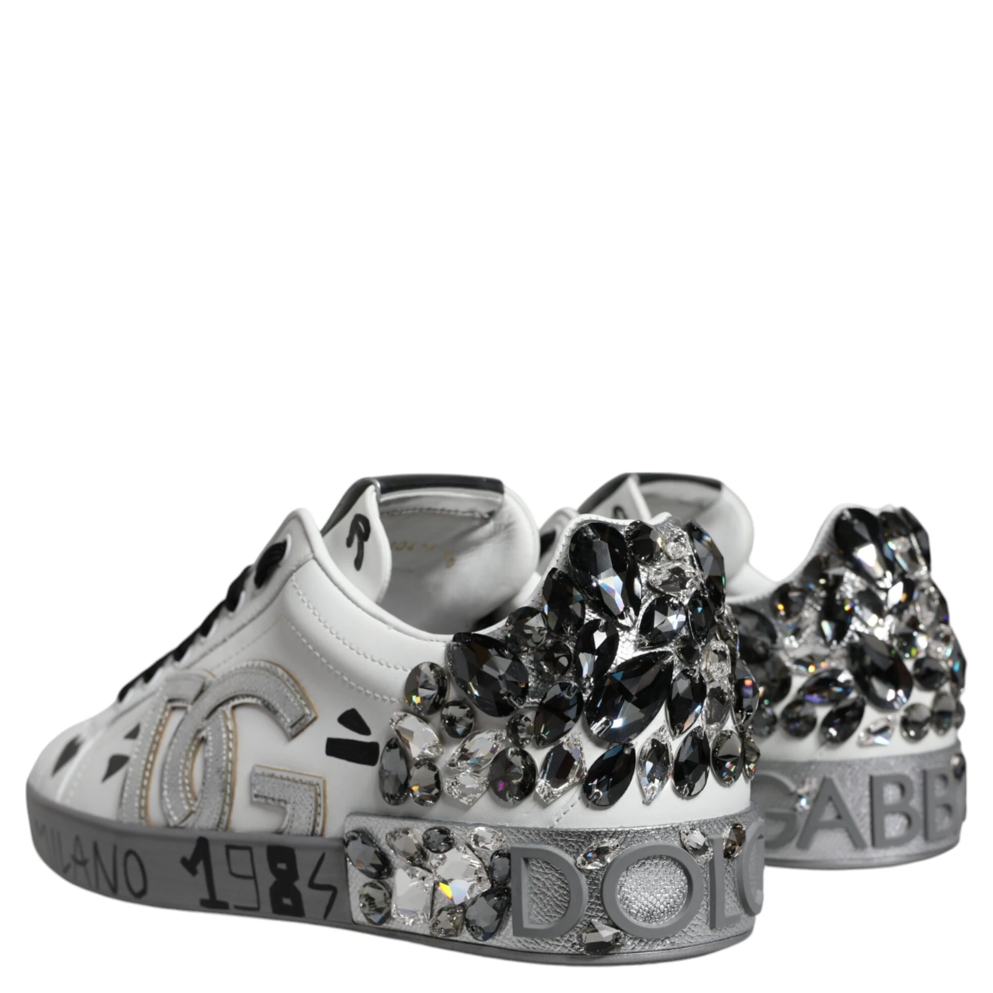 White Silver Crystal Logo Portofino Sneakers Shoes