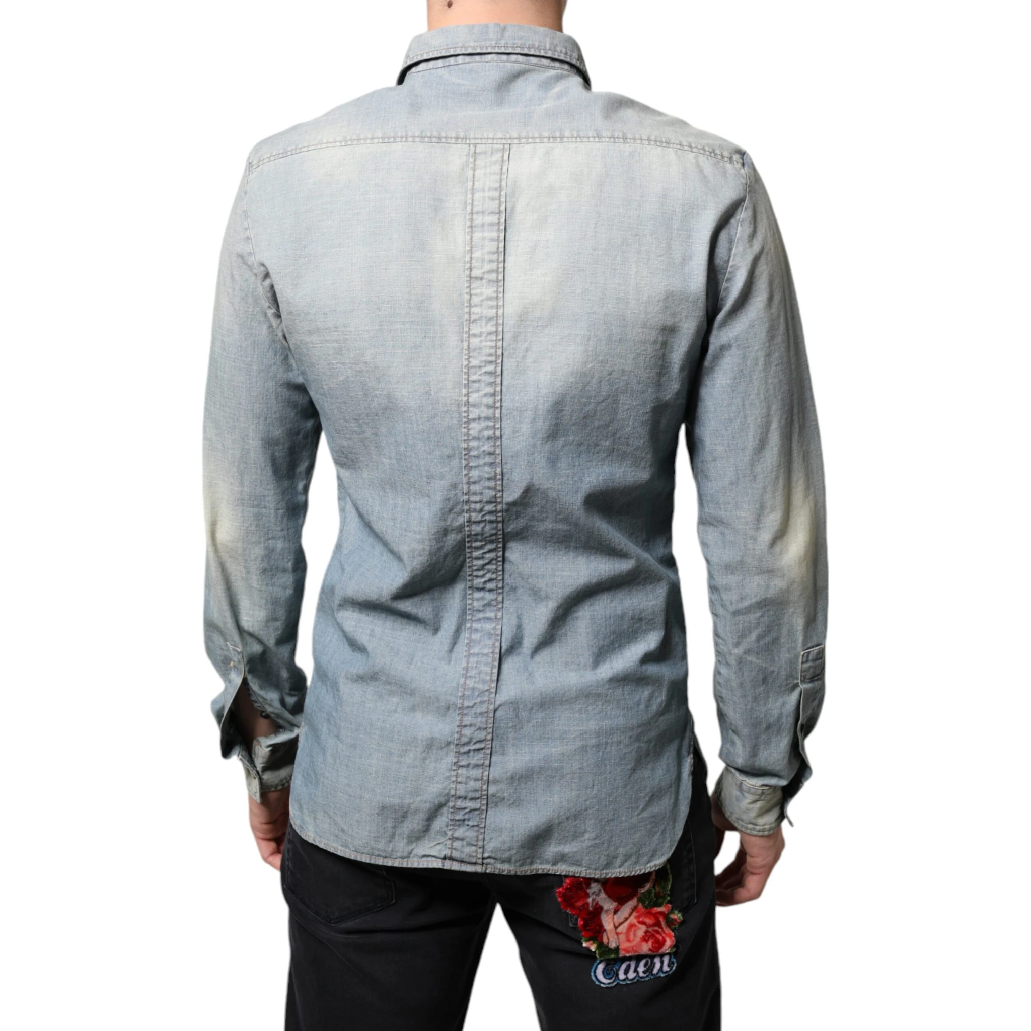 Light Blue Printed Cotton Denim Long Sleeves Shirt