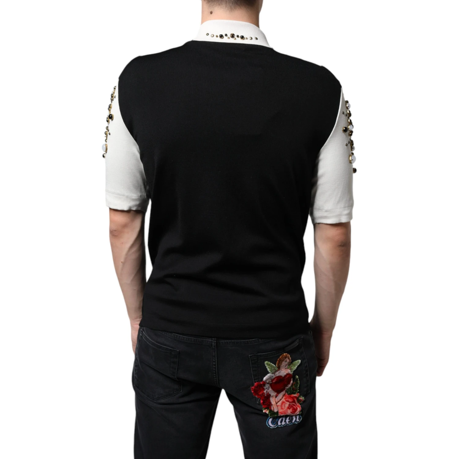 White Black Silk Studded Stone Crystal Shirt