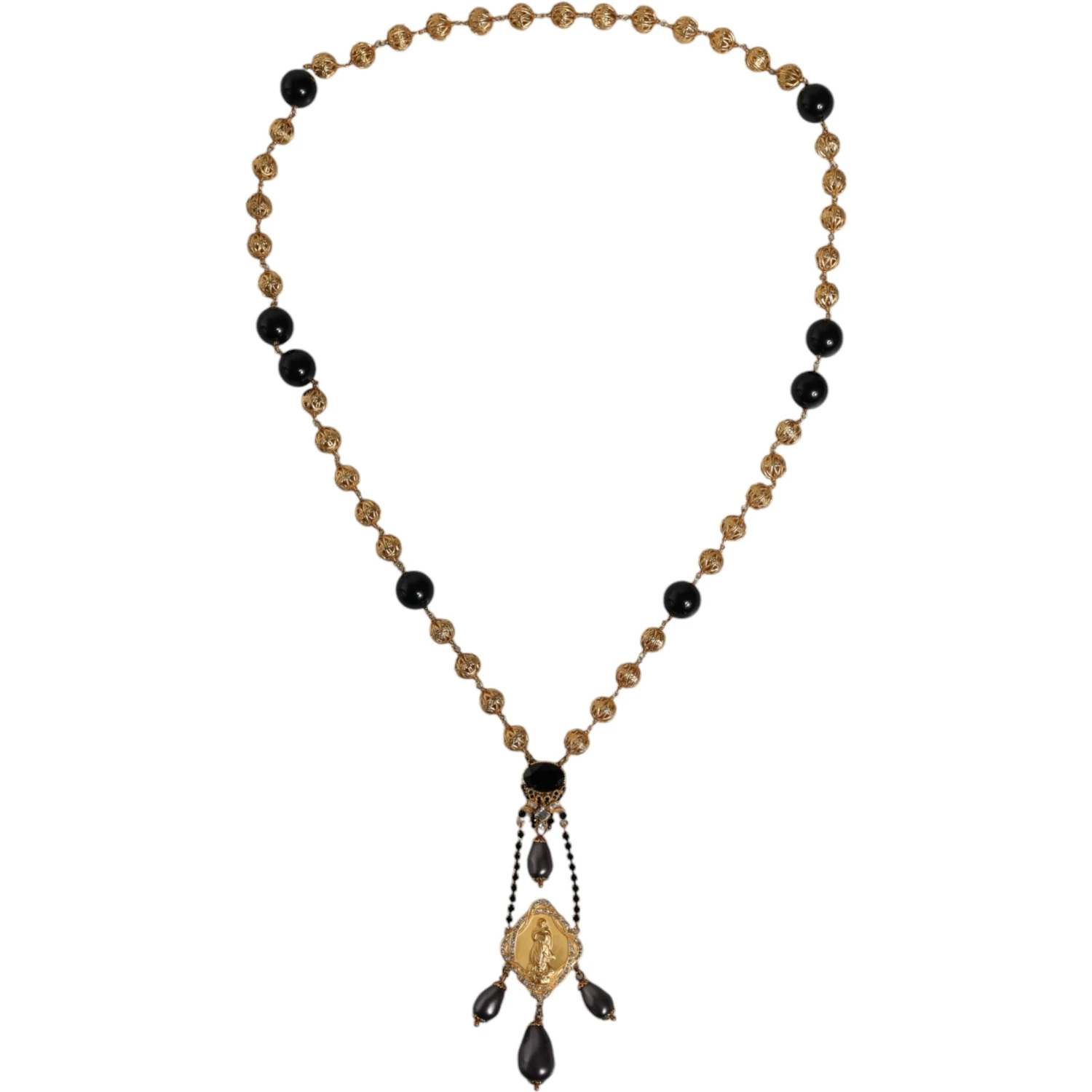 Gold Chain Brass Black Beaded Rosary Style Necklace