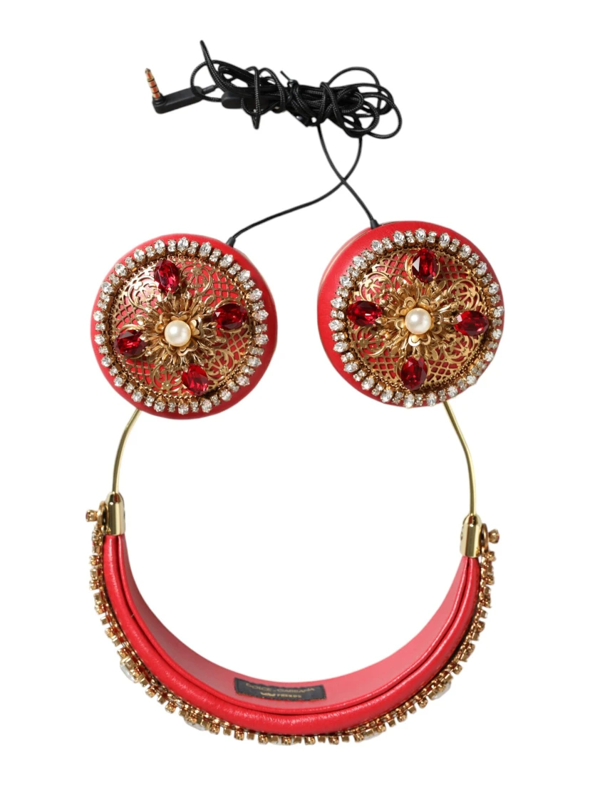 Red Nappa Leather Floral Crystal Headphone