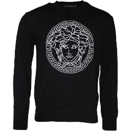 Black Medusa Embroidery Crew Neck Pullover Sweater