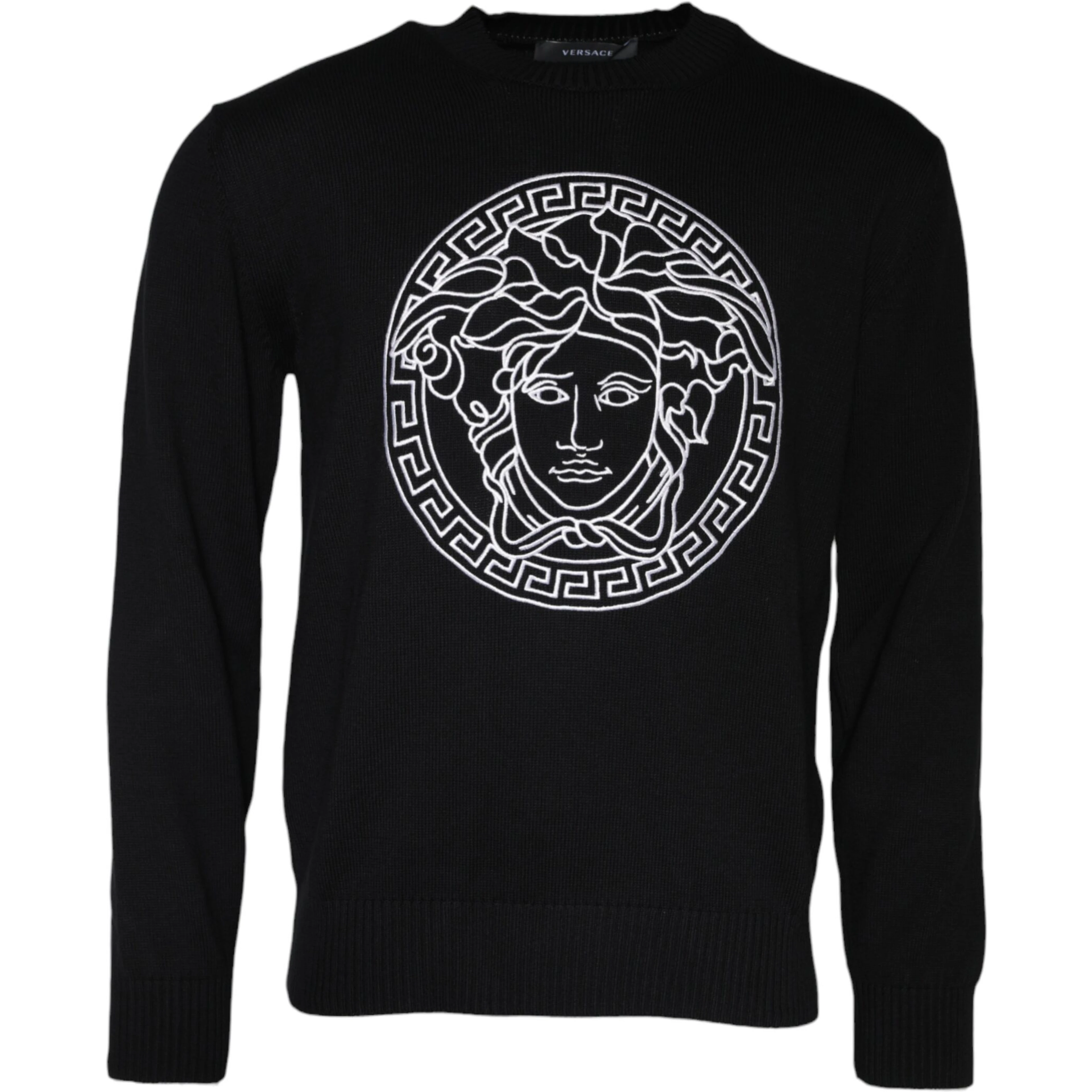 Black Medusa Embroidery Crew Neck Pullover Sweater