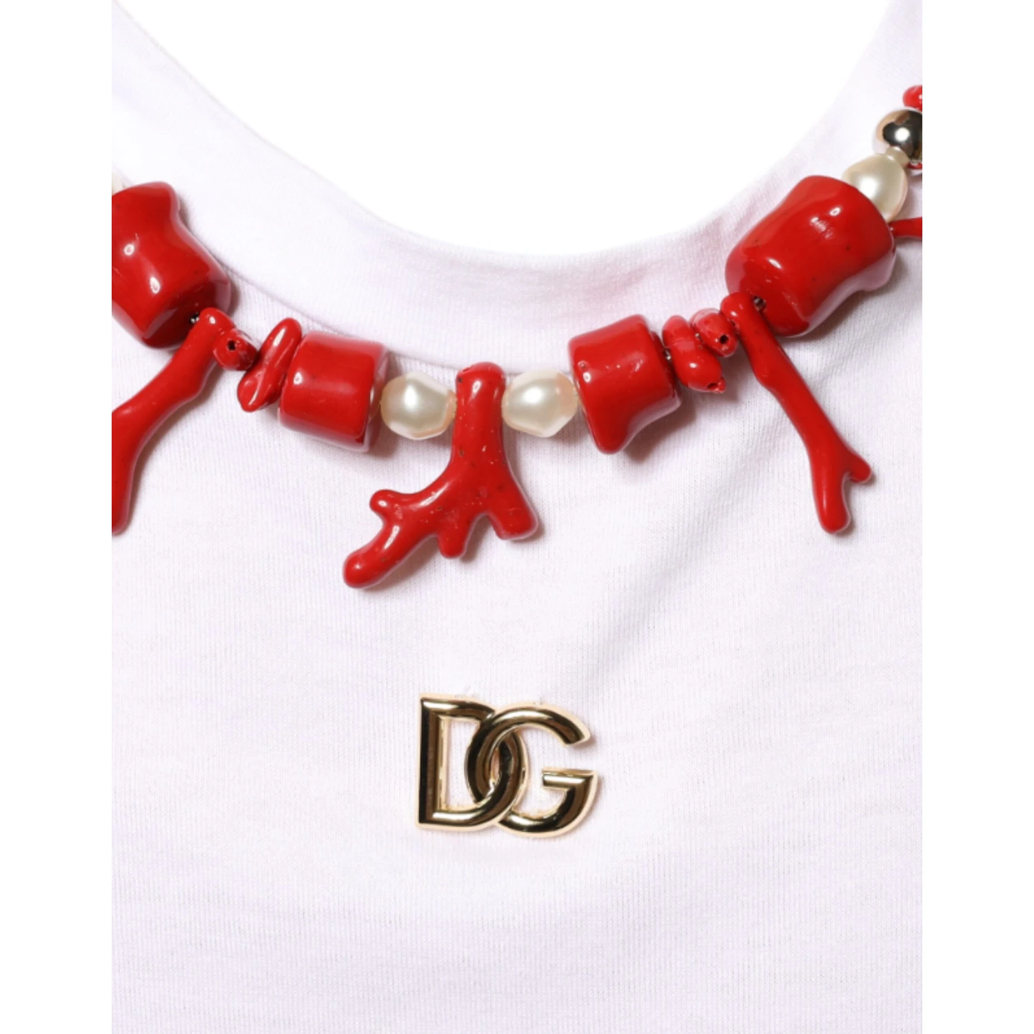 White Cotton Necklace Embellished T-shirt