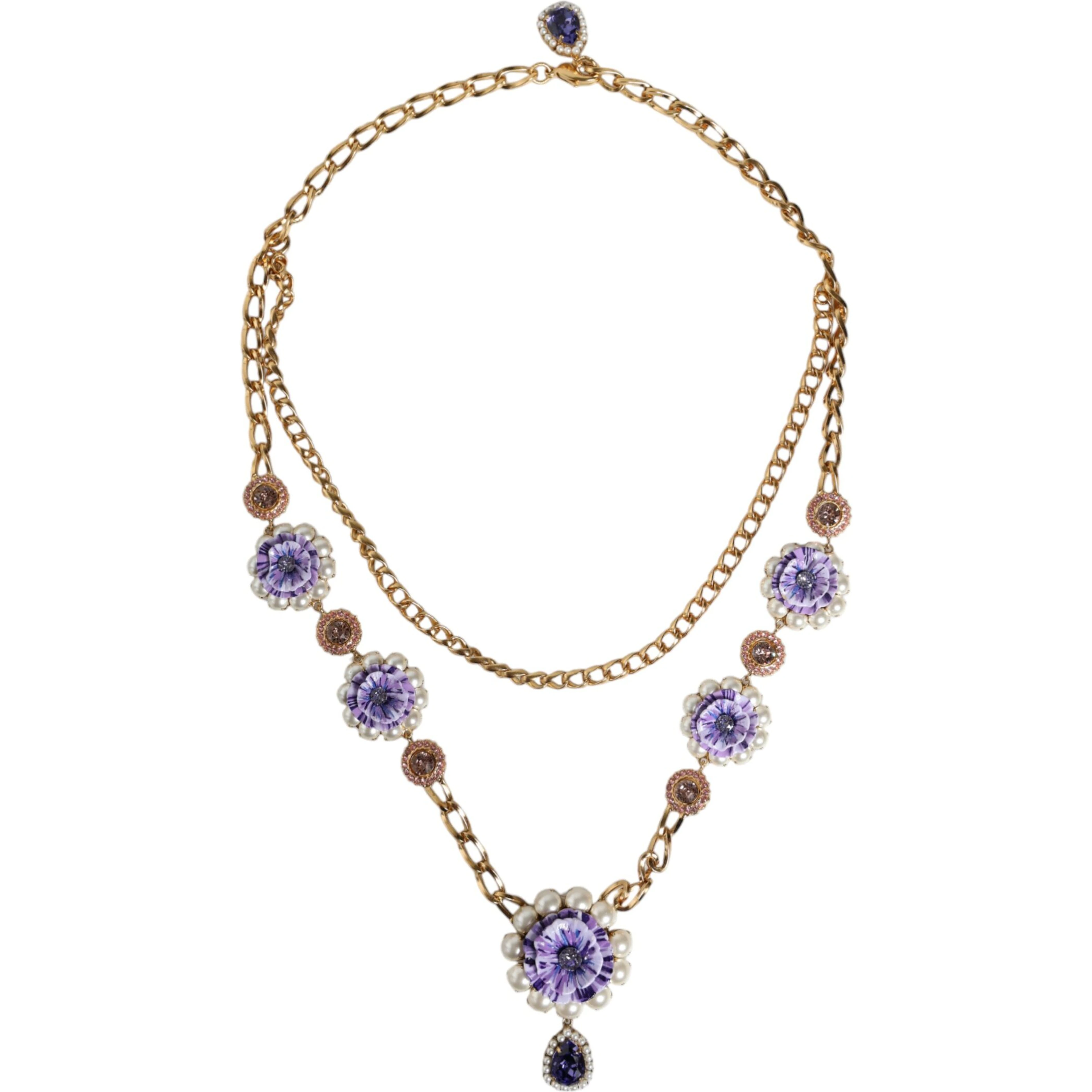 Gold Tone Floral Crystals Embellished Layered Necklace