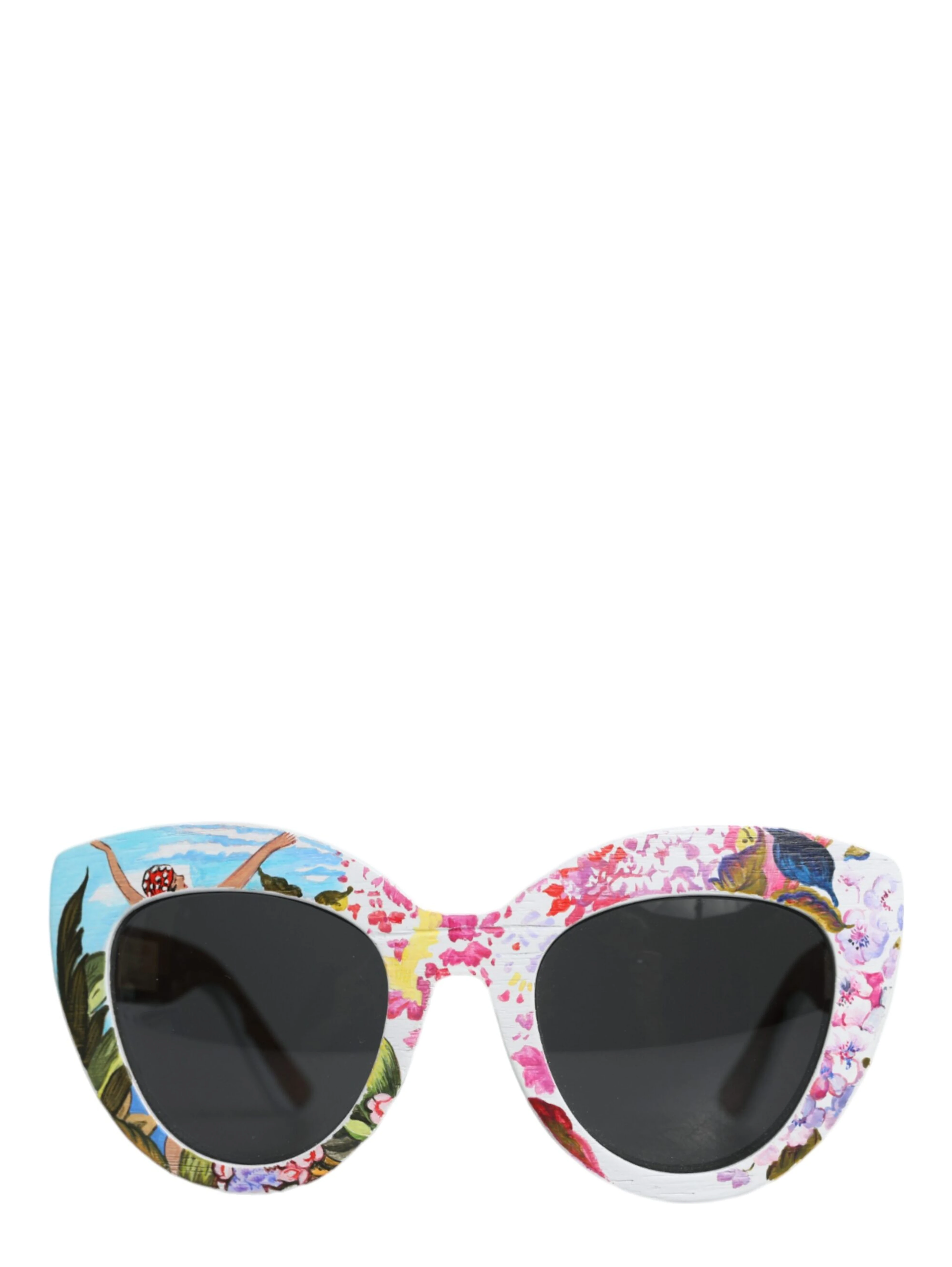 Multicolor Wood Crystal Brass Frame Floral Hand Paint Sunglasses