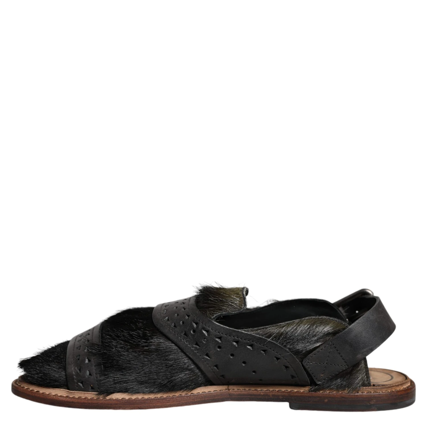 Black Gazelle Hair Leather Flats Sandals Shoes