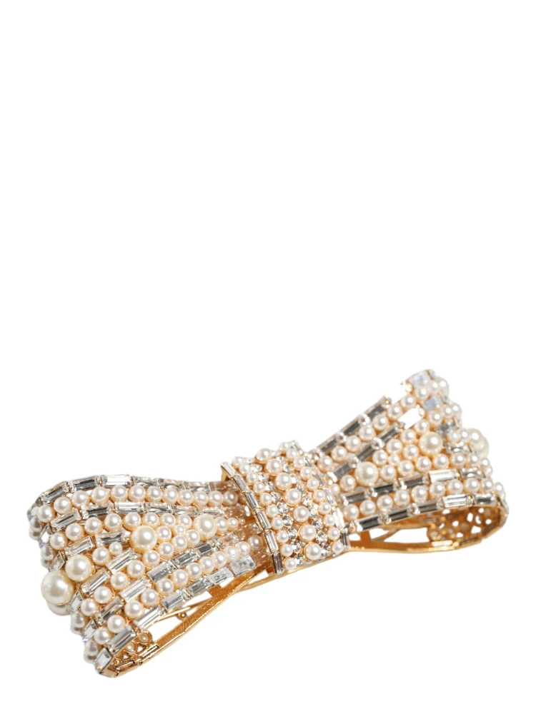 Gold Tone Brass Bow Crystal FauxPearl Embellished Brooch