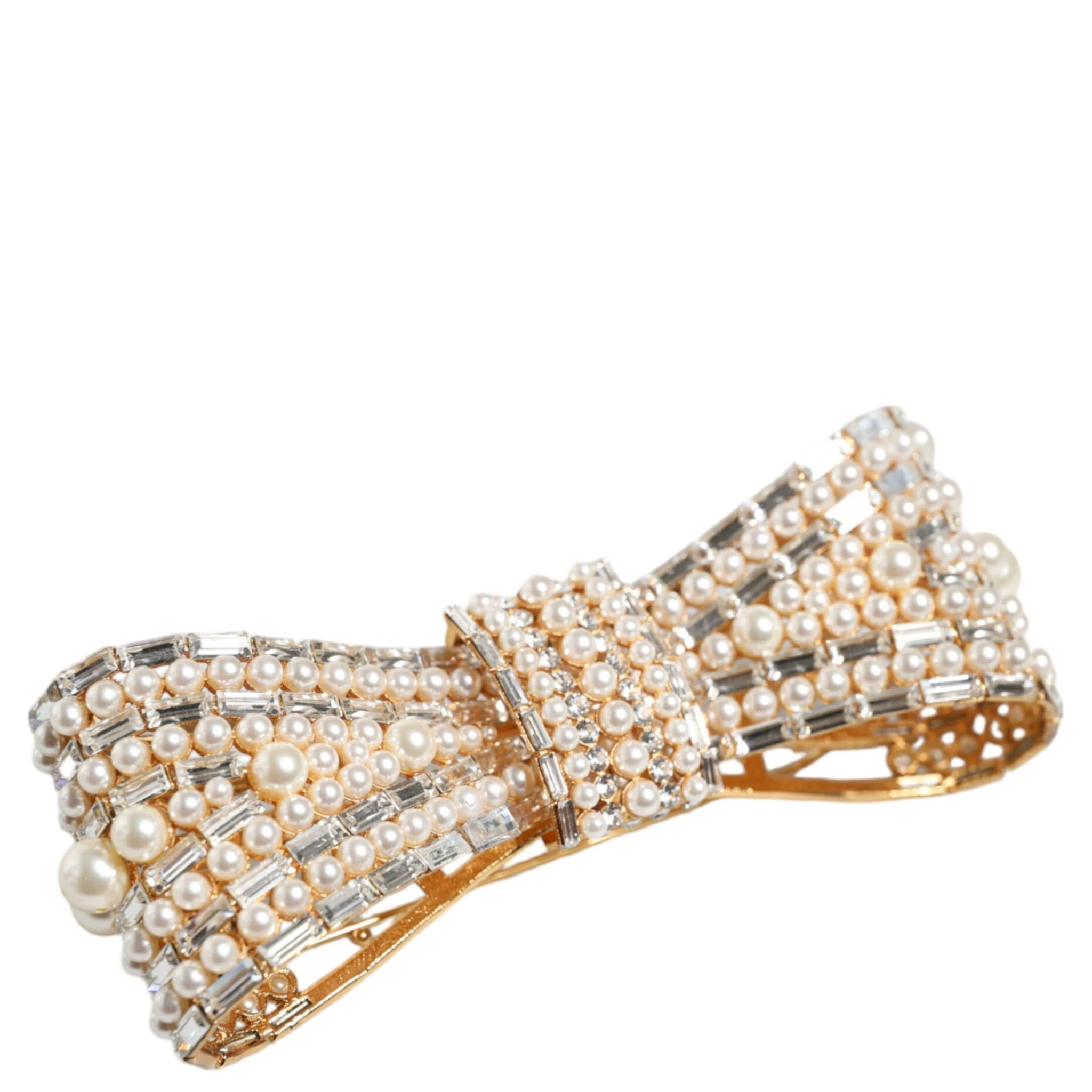 Gold Tone Brass Bow Crystal FauxPearl Embellished Brooch