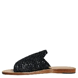 Black Monochrome Braided Raffia Slides Shoes