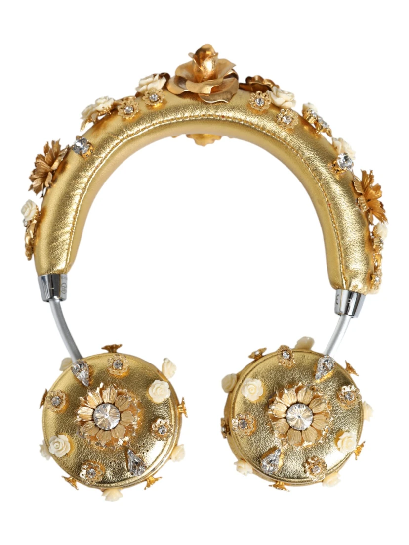 Gold Leather Floral Crystal Angel Headphones