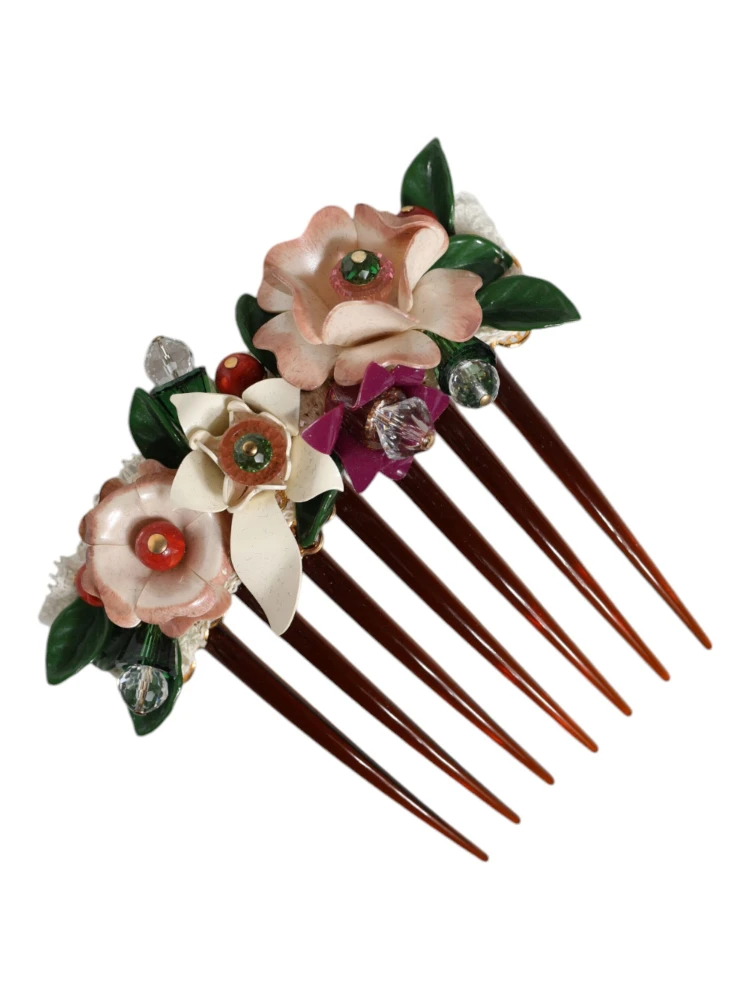 Brown Plastic Crystal Floral Women Hair Comb