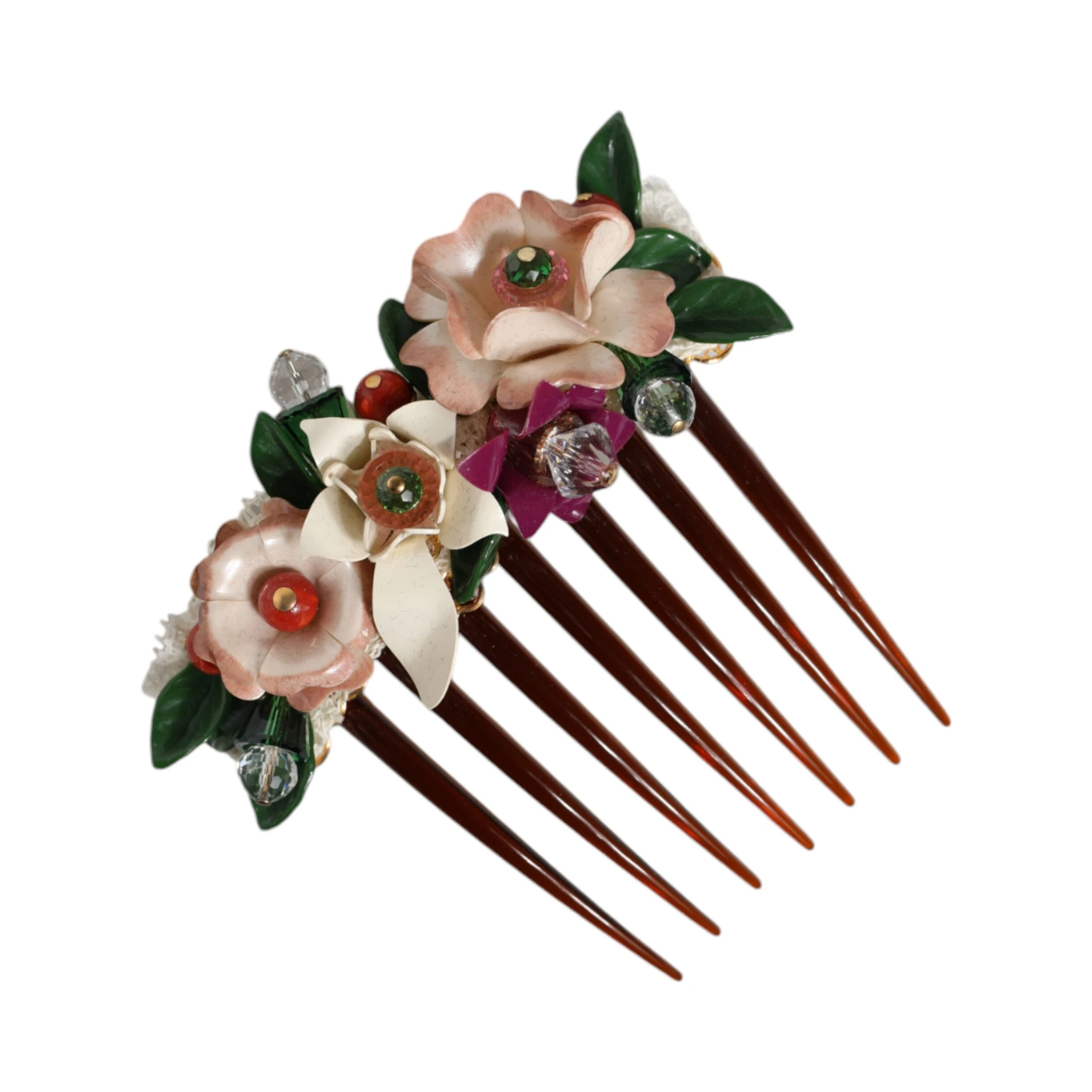 Brown Plastic Crystal Floral Women Hair Comb