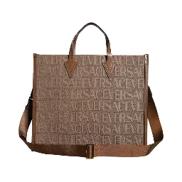 Brown Top Handle Jacquard Leather Logo Crossbody Tote Bag