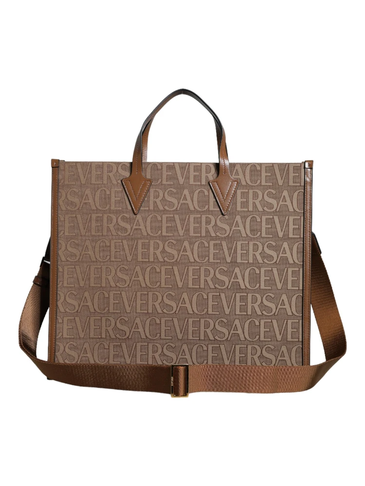 Brown Top Handle Jacquard Leather Logo Crossbody Tote Bag
