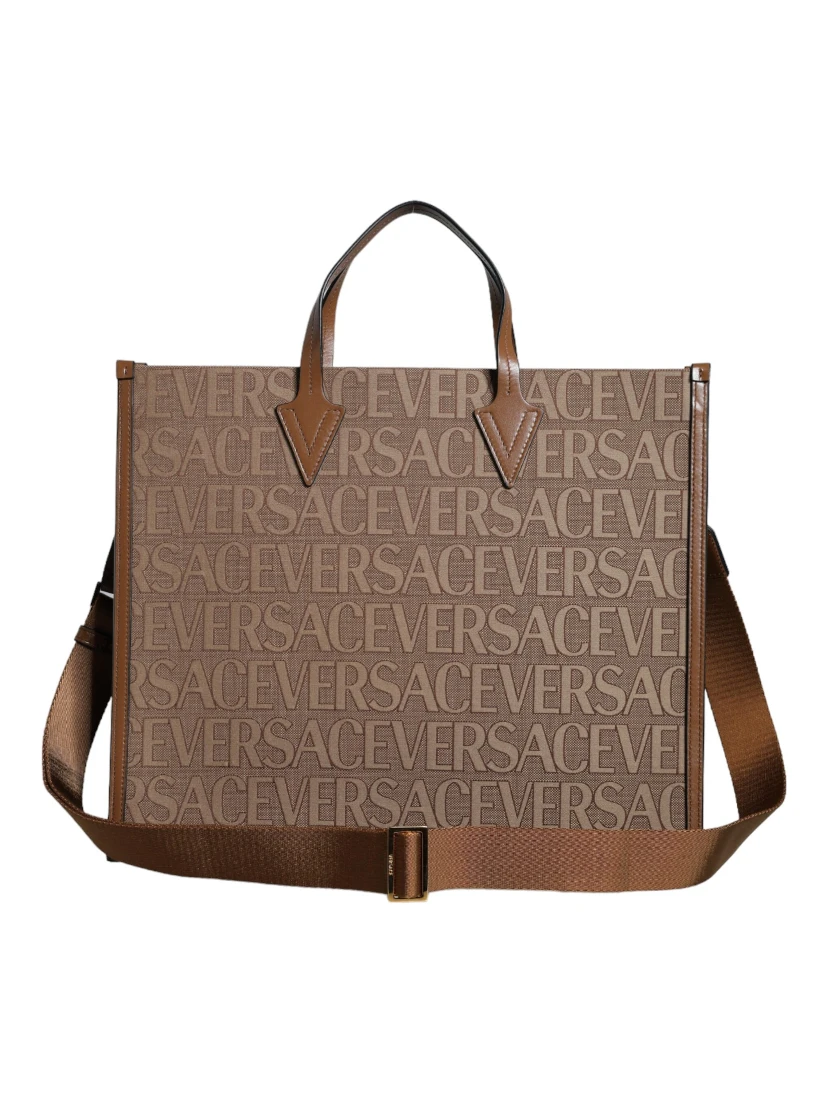 Brown Top Handle Jacquard Leather Logo Crossbody Tote Bag