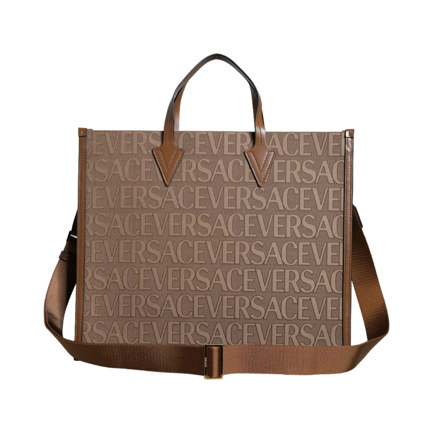 Brown Top Handle Jacquard Leather Logo Crossbody Tote Bag